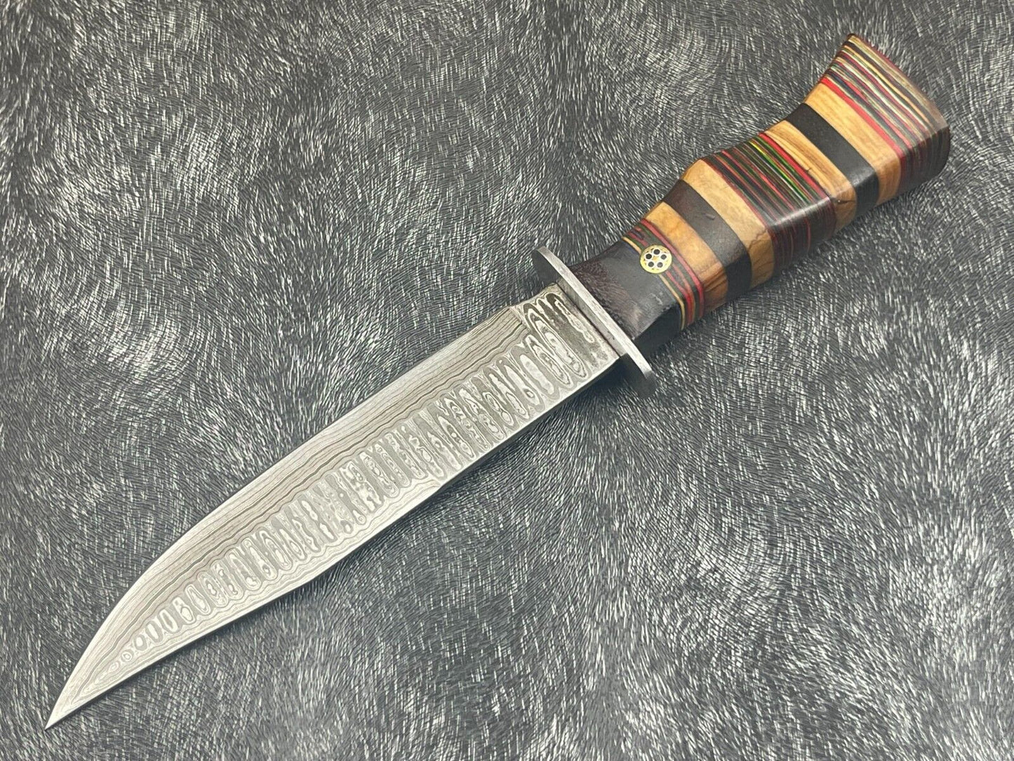 12" Damascus Steel Bowie Knife – Hardwood Handle with Leather Sheath