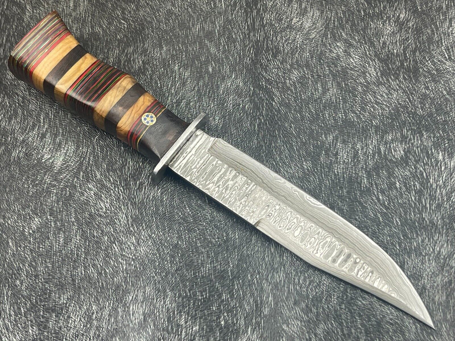 12" Damascus Steel Bowie Knife – Hardwood Handle with Leather Sheath