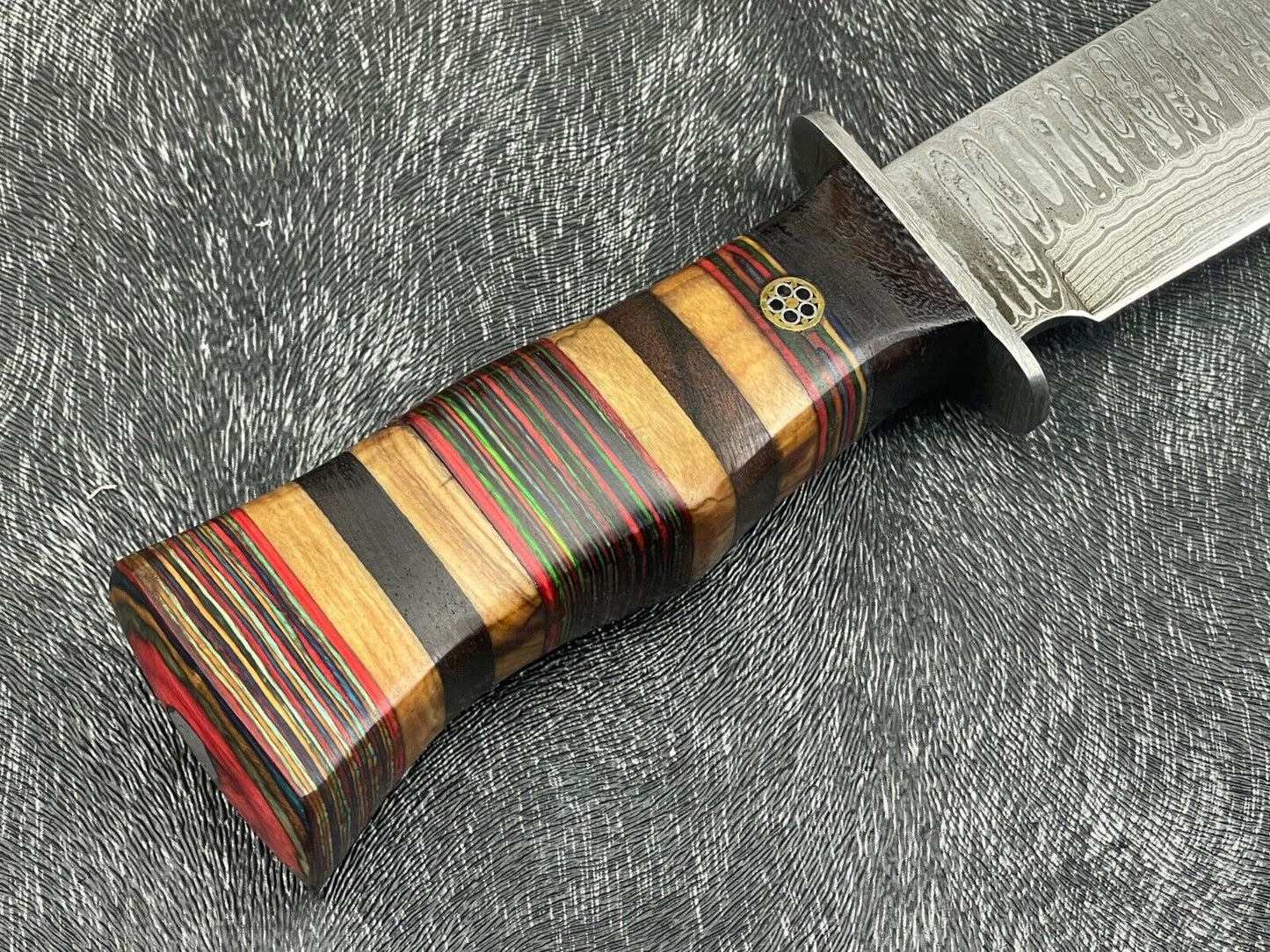 12" Damascus Steel Bowie Knife – Hardwood Handle with Leather Sheath