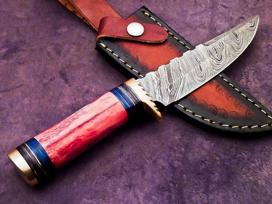 Damascus Bowie Knife with Stained Camel Bone and Hardwood Handle 10 Inch