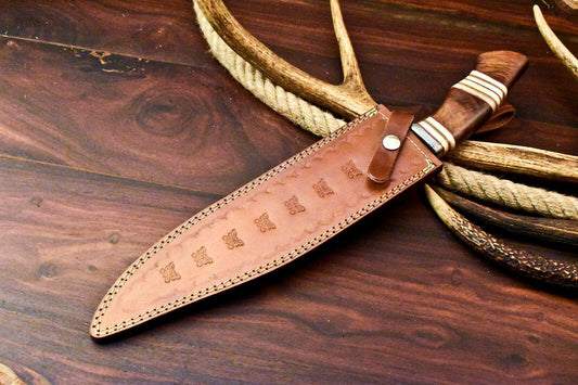 15.5" Handmade Damascus Steel Bowie Knife – Walnut Wood Handle Hunting Knife