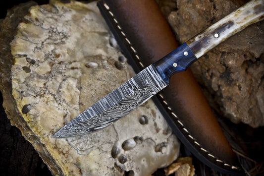 Twist Damascus Skinner Knife with Bone Handle and Micarta Bolster – Handmade Forged Outdoor Sports Blade with Leather Sheath