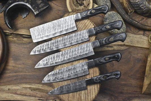 Forged Chef Knife Set – Lot of 5 Twist Damascus Steel Knives with Hardwood Handles, Camping & Kitchen Use