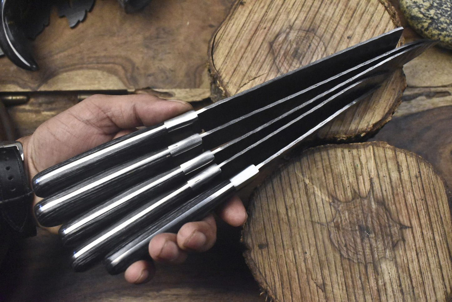 Forged Chef Knife Set – Lot of 5 Twist Damascus Steel Knives with Hardwood Handles, Camping & Kitchen Use