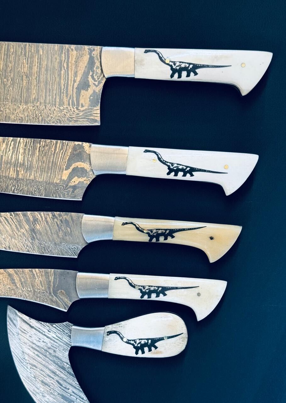 Chef Knives Set of 5 Scrimshaw ~ Fire Storm Damascus Steel for Kitchen