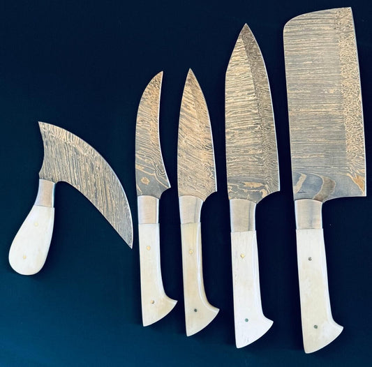 Chef Knives Set of 5 Scrimshaw ~ Fire Storm Damascus Steel for Kitchen