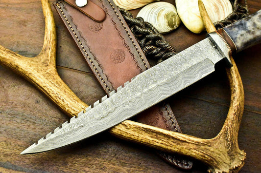 15" Damascus Steel Bowie Knife – Polished Camel Bone Handle