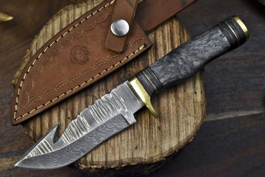 Handmade Skinner Knife w Gut Hook Twist Damascus Corian Hunting