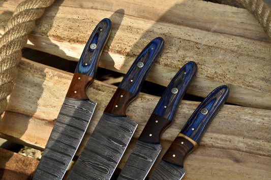 Hot Item Chef Knife B-Ring Damascus Ash Wood Bolster – Lot of 4 for Fishing & Kitchen