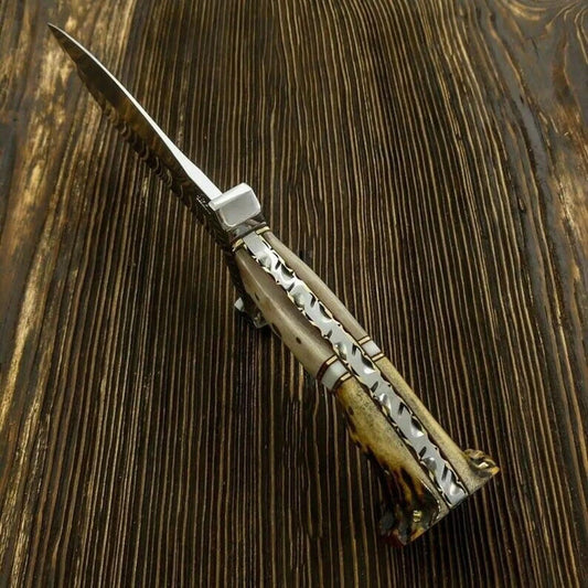 Heritage Forge D2 Steel Bowie Knife with Stag Antler Handle and Leather Sheath