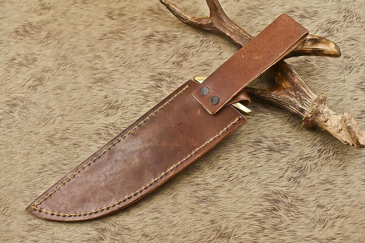 12.5" Damascus Steel Bowie Knife with Ram’s Horn Handle Survival Hunting Blade