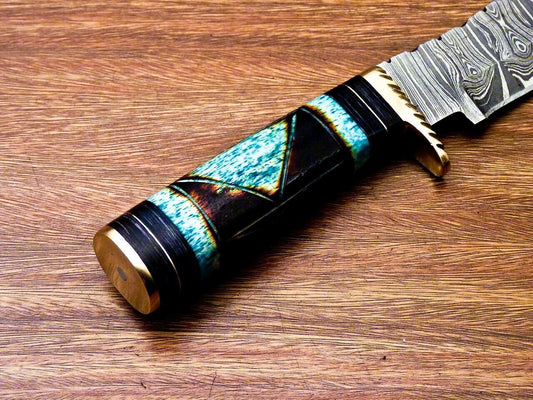8" Handmade Damascus Bowie Knife – Camel Bone & Hardwood Handle