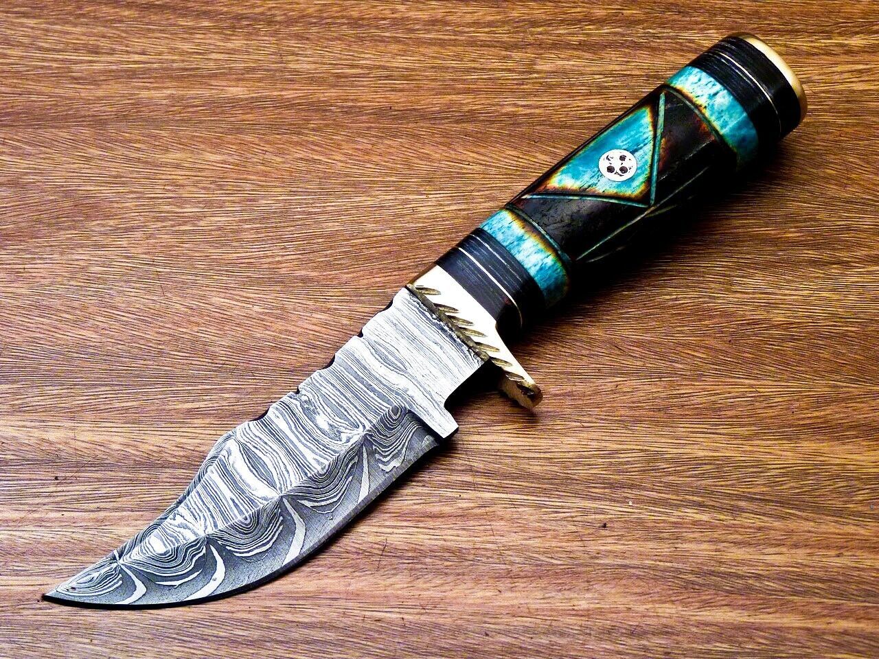 8" Handmade Damascus Bowie Knife – Camel Bone & Hardwood Handle