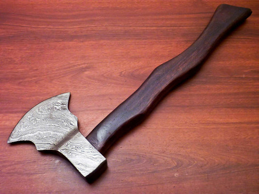 Hand Forged Damascus Steel Walnut Wood Tomahawk Hatchet Axe with Leather Sheath