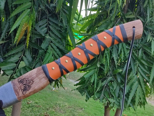 Handmade Carbon Steel Viking Throwing Axe – Olive Wood Handle with Leather Sheath