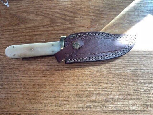 Heritage Forge Damascus Steel Coffin Handle Bowie Knife Natural Bone Grip with Leather Sheath