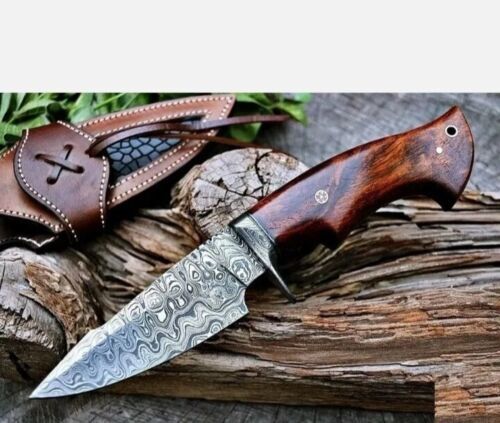 Heritage Forge 11 Inch Handmade Damascus Steel Bowie Hunting Knife with Wooden Handle and Leather Sheath