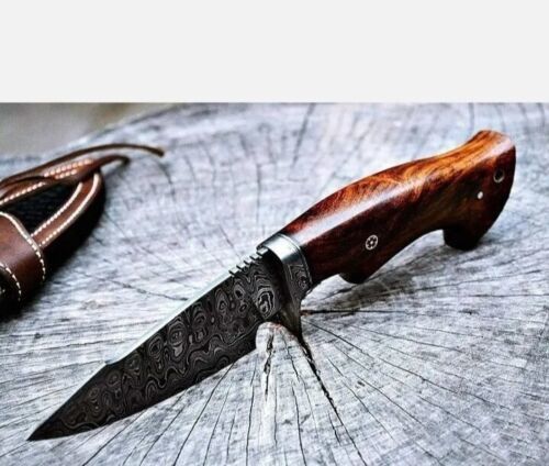Heritage Forge 11 Inch Handmade Damascus Steel Bowie Hunting Knife with Wooden Handle and Leather Sheath