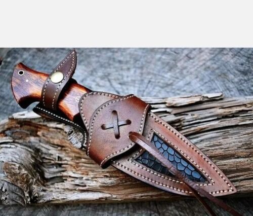 Heritage Forge 11 Inch Handmade Damascus Steel Bowie Hunting Knife with Wooden Handle and Leather Sheath