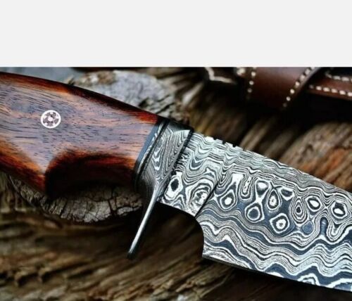 Heritage Forge 11 Inch Handmade Damascus Steel Bowie Hunting Knife with Wooden Handle and Leather Sheath