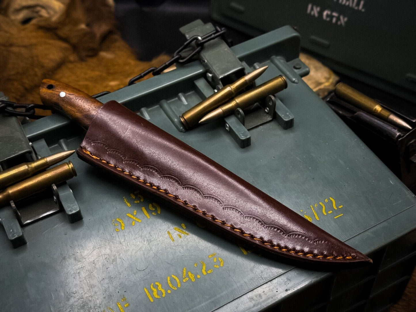 Handmade Damascus Steel Kitchen Chef Vegetable Knife – Wood Handle with Cowhide Sheath