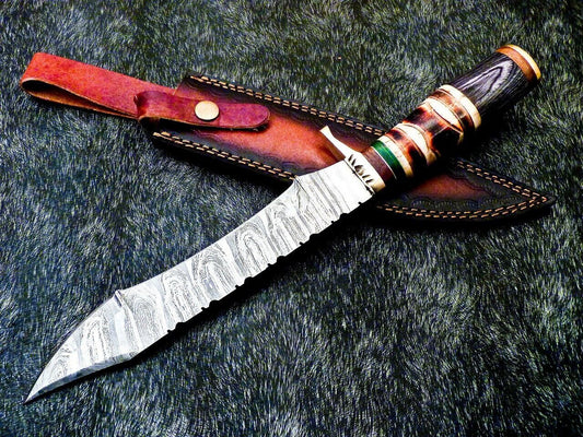 15 Inch Damascus Steel Bowie Knife with Camel Bone Handle and Brass Bolster