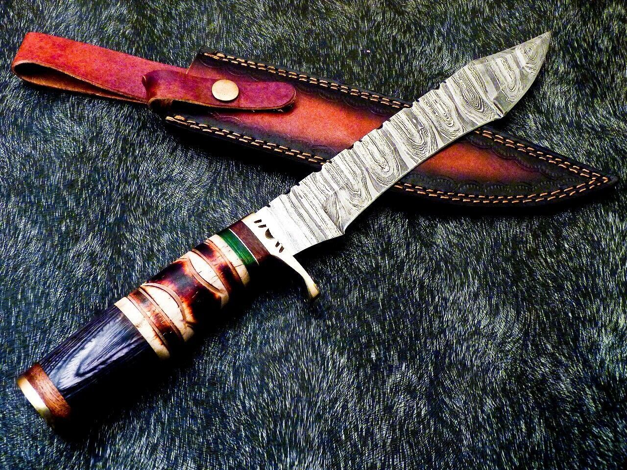 15 Inch Damascus Steel Bowie Knife with Camel Bone Handle and Brass Bolster