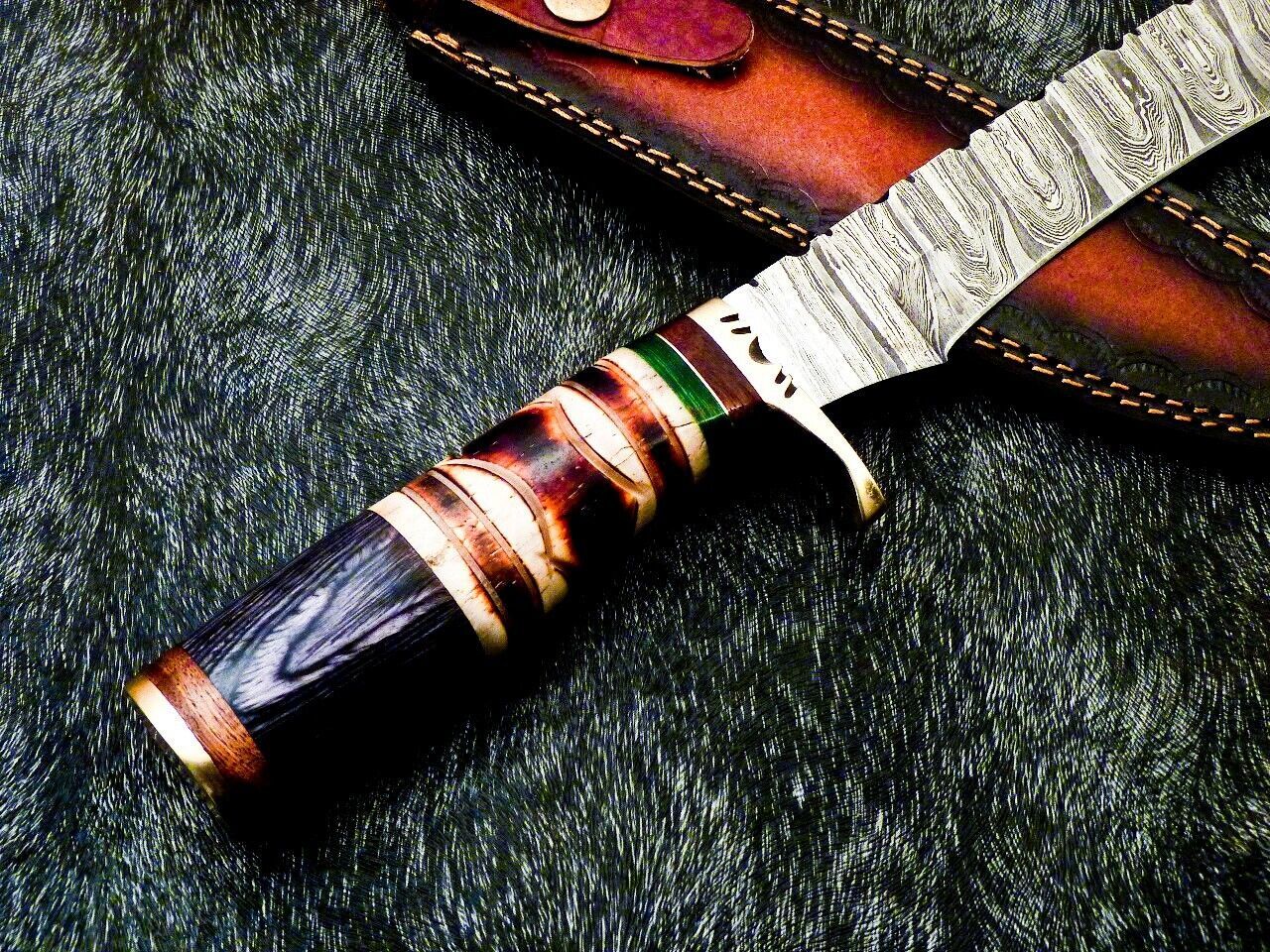 15 Inch Damascus Steel Bowie Knife with Camel Bone Handle and Brass Bolster