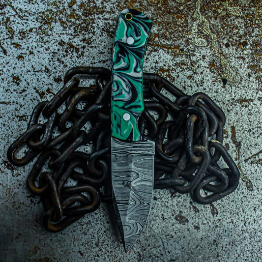 9" Tactical Damascus Bowie Knife – Resin Handle & Hand-Forged Blade