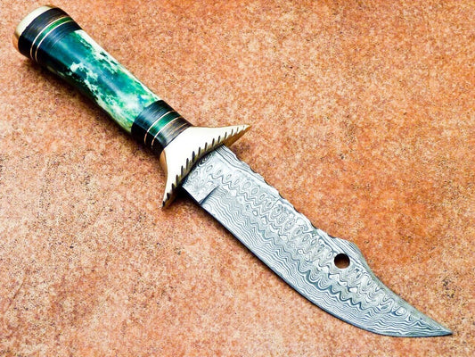 11 Inch Damascus Hunting Knife with Dyed Camel Bone and Brass Bolster