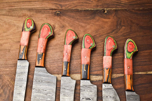 Premium Lot of 6 Handmade Damascus Steel Chef Knife Set – 384-Layer Forged Blades