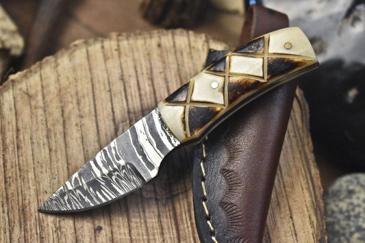 Compact Handmade Damascus Skinner Knife with Bone Handle – Twist Pattern Veterans Gift