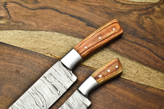 Custom Lot of 2 Handmade Hammered Damascus Steel Blade Chef Knife Set