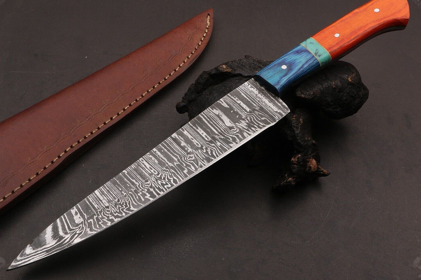 13" Hand Forged Fire Damascus Steel Chef Knife Kitchen Knife with Camel Bone and Wood Handle
