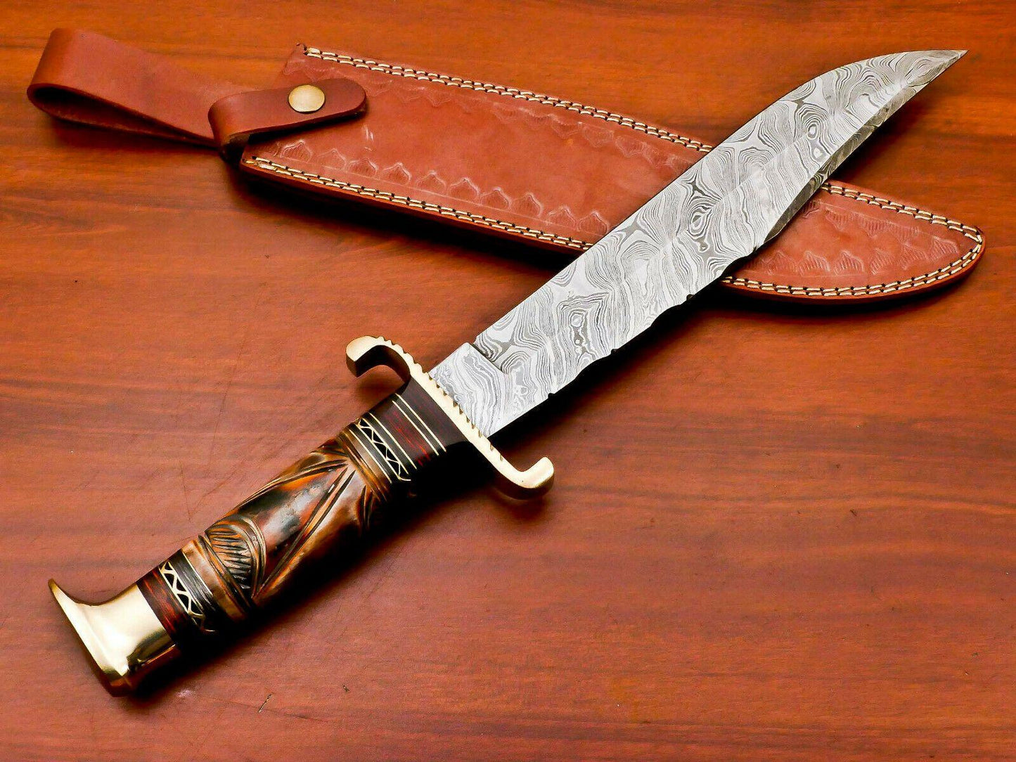 16.5" Handmade Damascus Engraved Bowie Knife with Camel Bone Handle & Leather Sheath