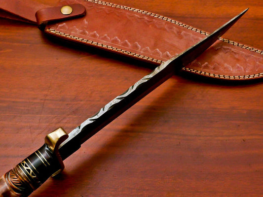 16.5" Handmade Damascus Engraved Bowie Knife with Camel Bone Handle & Leather Sheath