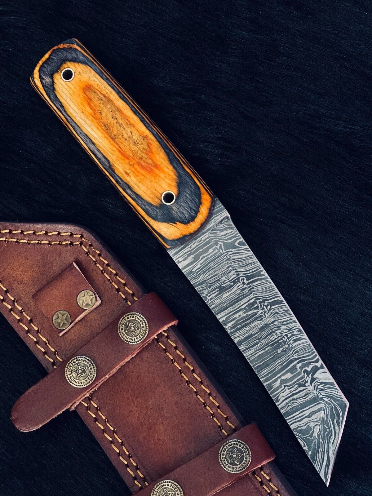 Heritage Forge 10 Inch Twist Damascus Tanto Hunting Knife Wood Handle