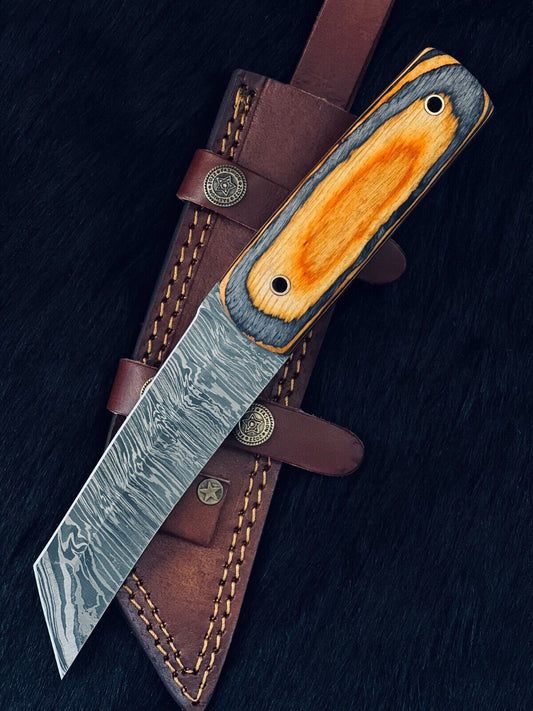 Heritage Forge 10 Inch Twist Damascus Tanto Hunting Knife Wood Handle