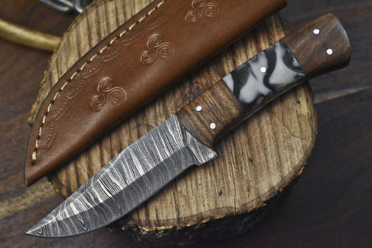 Custom Hand Forged Twist Damascus Skinner Knife with Corain Handle and Wooden Bolster