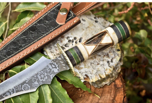 Handmade D2 Steel Etched Blade Combat Hunting Bowie Knife with Camel Bone Handle & Leather Sheath