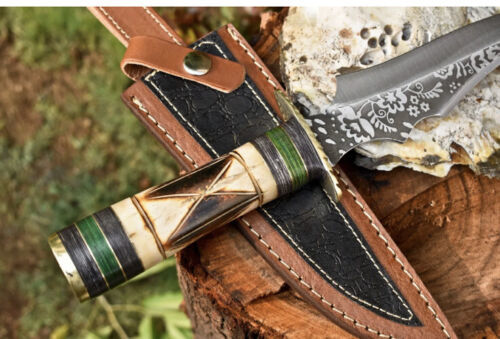 Handmade D2 Steel Etched Blade Combat Hunting Bowie Knife with Camel Bone Handle & Leather Sheath