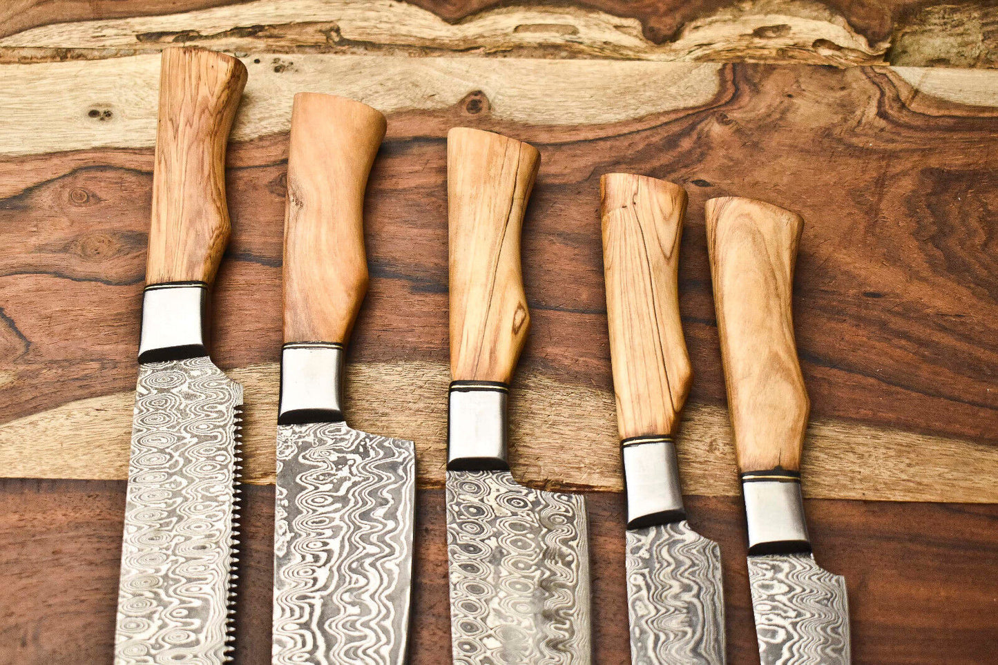 Set of 5 Handmade Hammered Damascus Steel Chef Knives – Premium Damascus Blades