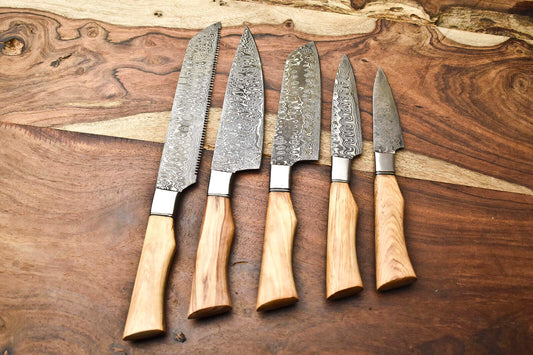 Set of 5 Handmade Hammered Damascus Steel Chef Knives – Premium Damascus Blades