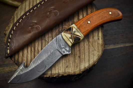 Custom Handmade Damascus Skinner Knife with Gut Hook Twist Blade and Hardwood Handle