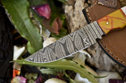 8.5" Twist Damascus Skinner Knife Corian Handle Micarta Bolster Custom Camping Blade