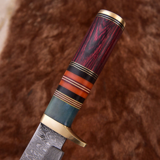 Custom Forged Damascus Steel Bowie Knife with Wood Handle and Leather Sheath