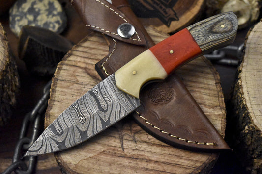 8" Twist Damascus Skinner Knife Mixed Material Handle Razor Sharp Blade w/Sheath