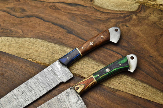 Lot of 2 Premium Handmade Damascus Steel Chef Knives – Full Tang, High Carbon, Razor Sharp