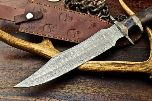15" Damascus Bowie Knife – Engraved Camel Bone Handle
