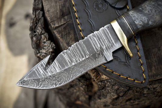 Custom Forged Twist Damascus Skinner Knife with Gut Hook Corian Handle and Brass Guard